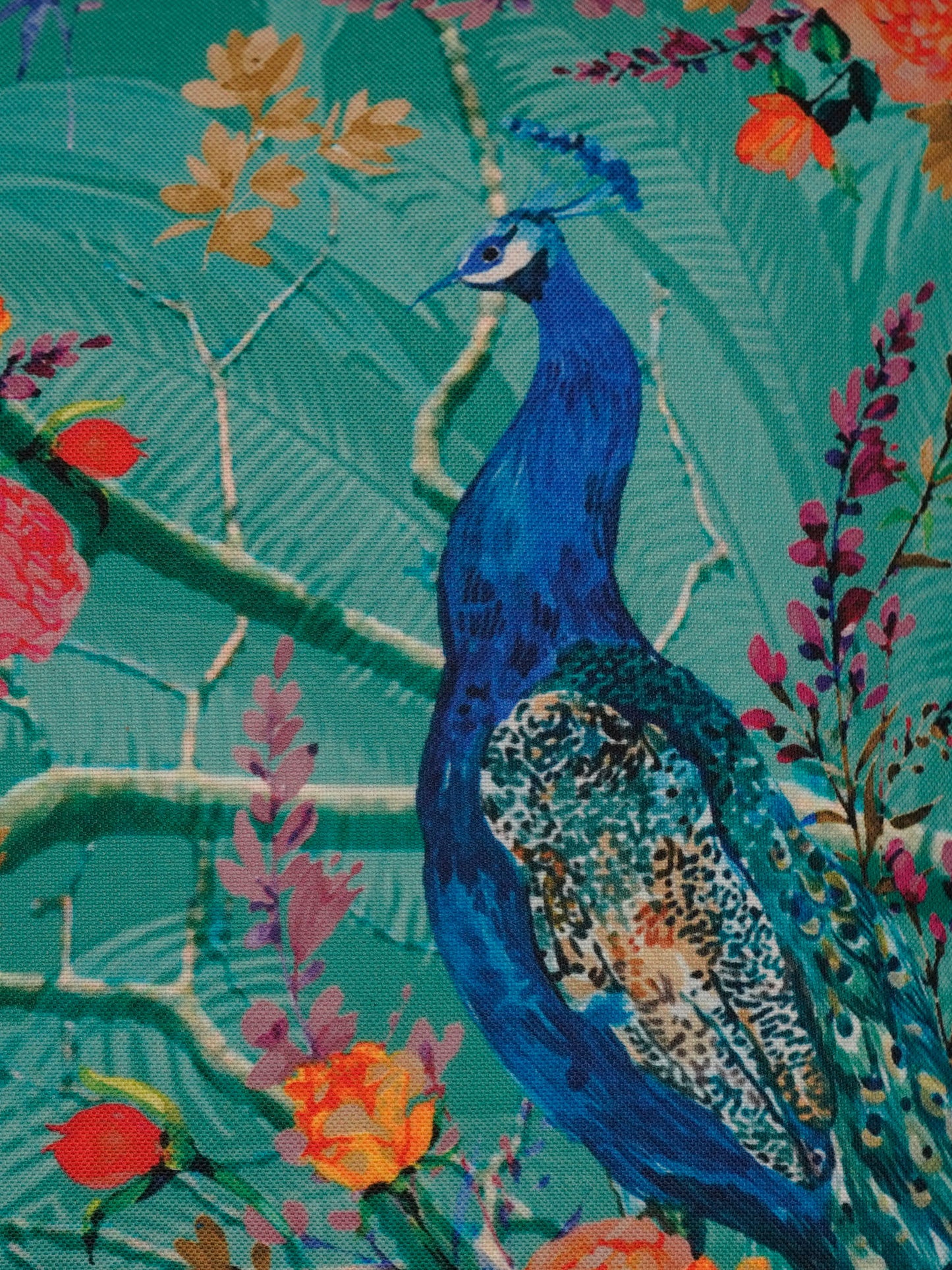 Peacock Poly-Canvas Cushion Cover 16x16 Inch | Hand-Printed Blue Jewel Tones | Premium Home Decor