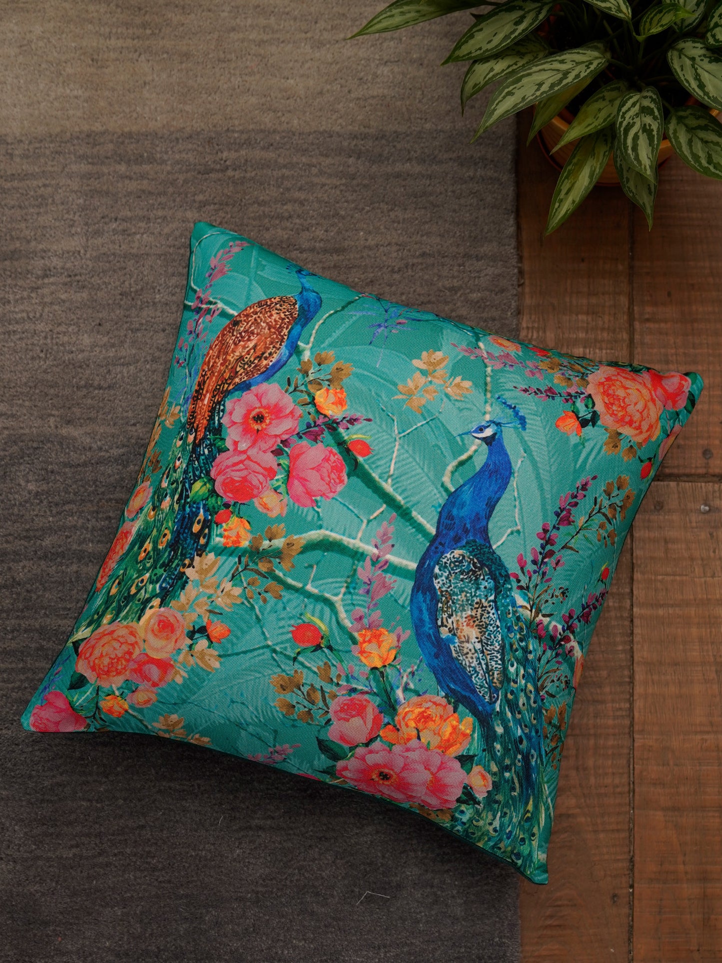 Peacock Poly-Canvas Cushion Cover 16x16 Inch | Hand-Printed Blue Jewel Tones | Premium Home Decor