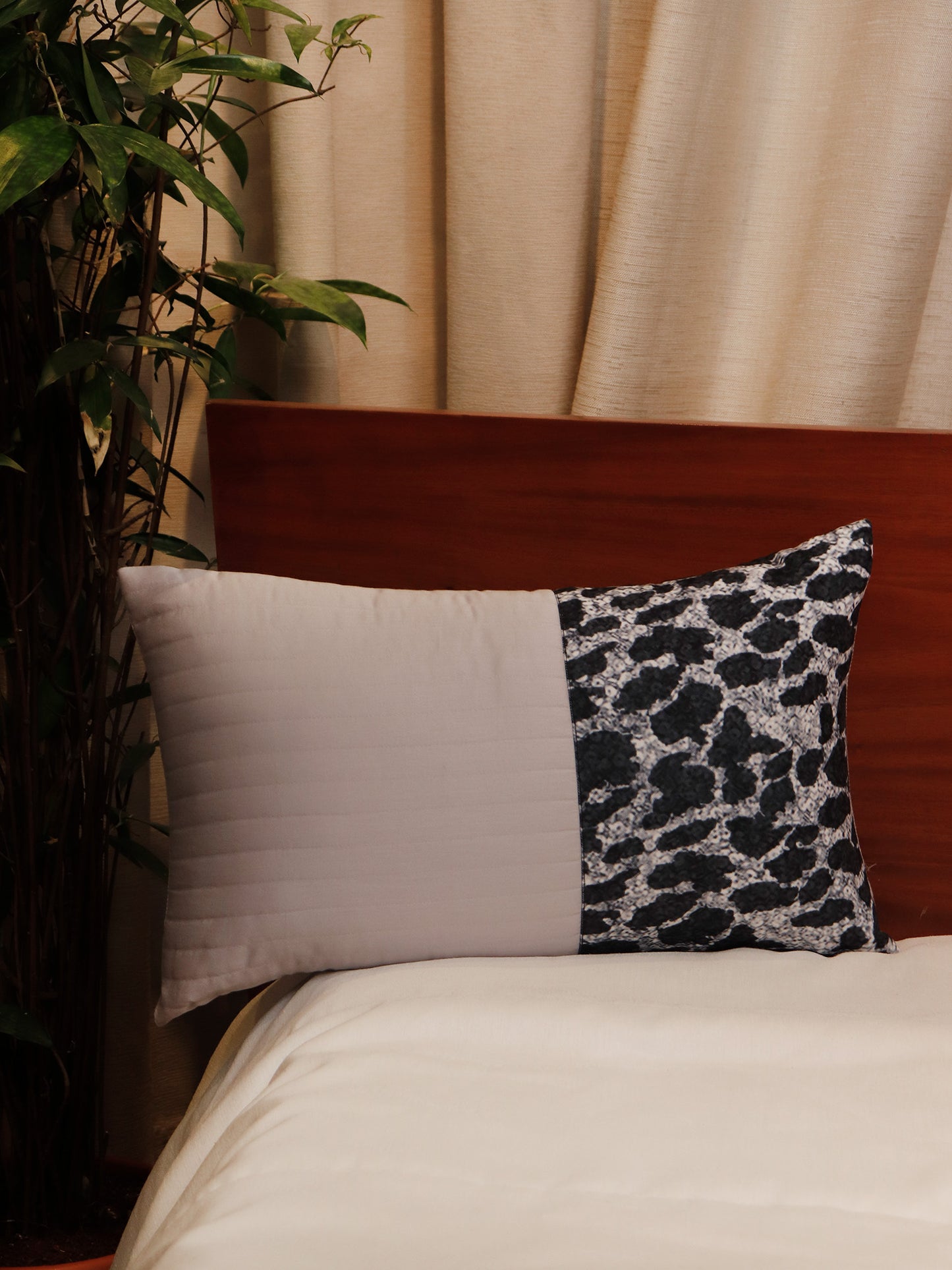 Grey Animal Print Quilted Poly-Canvas Cushion Cover 12x20 | Lumbar Pillow Cover for Sofas & Beds