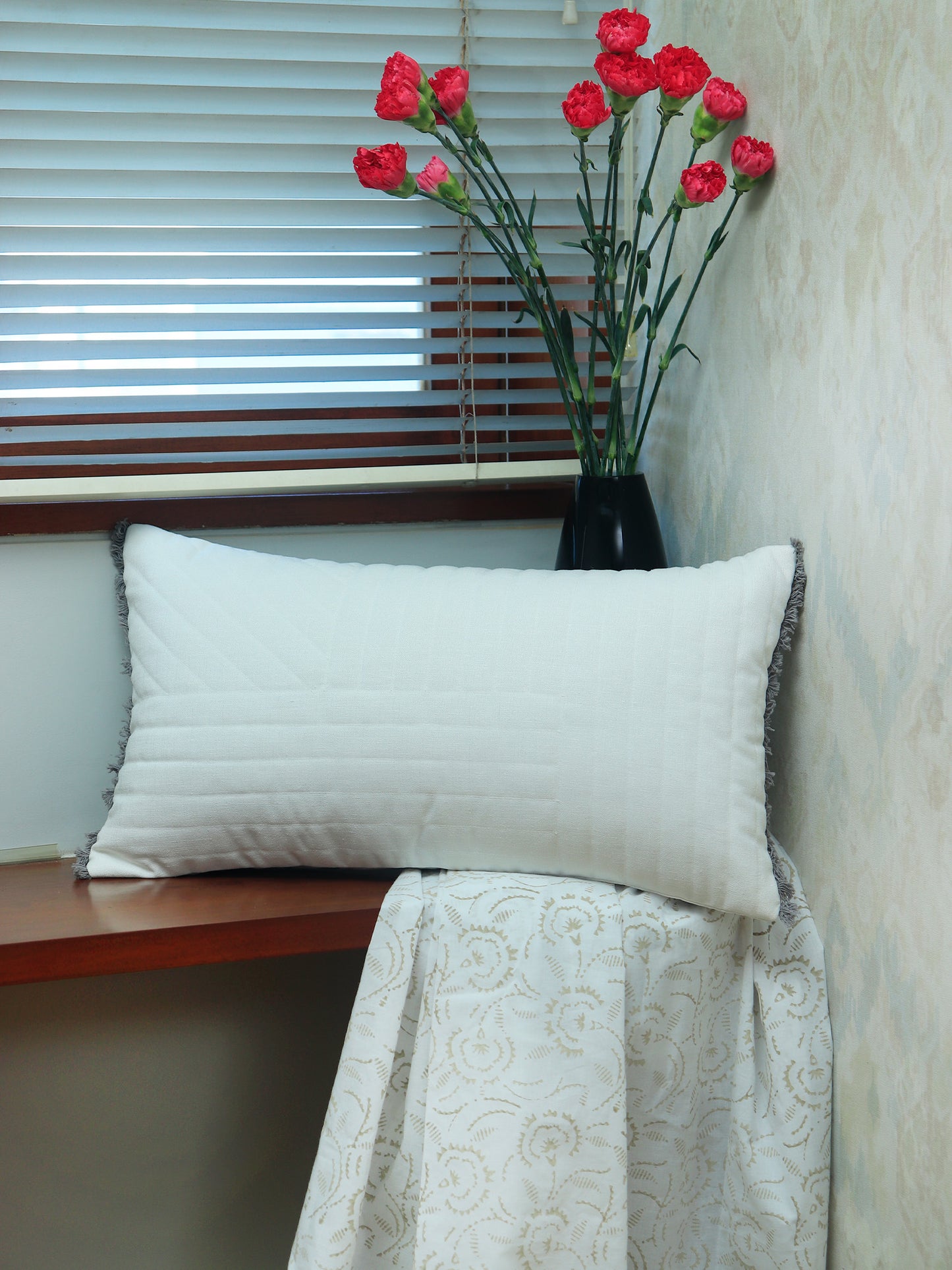 Quilted Cotton Lumbar Cushion Cover – 12" x 22" – White with Fringed Trim