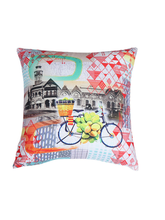 Cushion Cover with Vintage Mumbai Print - Poly-Canvas | Multicolor - 16x16 inch