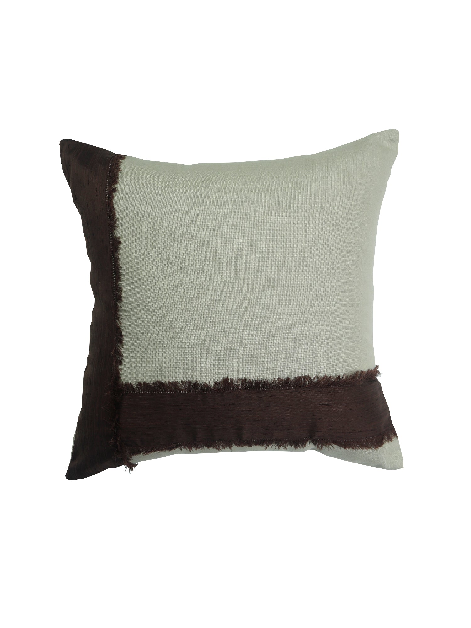A square decorative throw pillow featuring a light sage green textured body with dark brown fringed trim on two sides, shown against a plain white background.