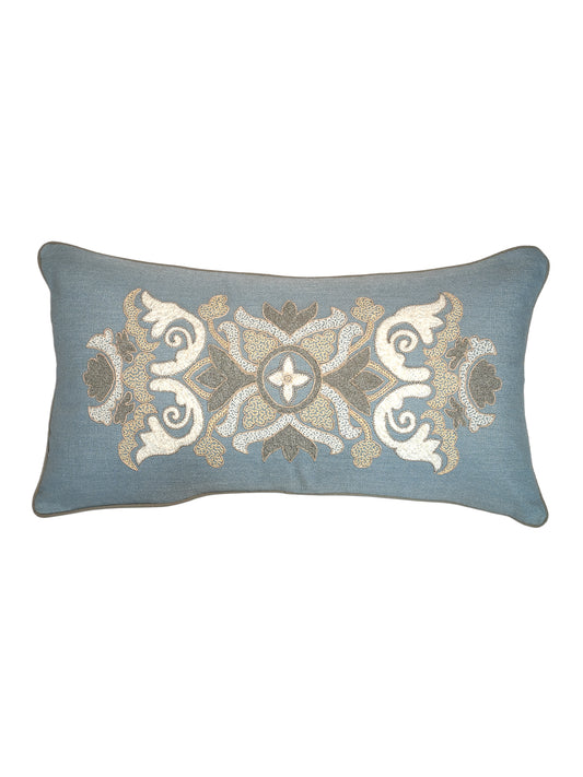 Polyester Blend Blue Cushion Cover- Applique & Machine Embroidered with Cord Piping  12x22 inches, Set of 1