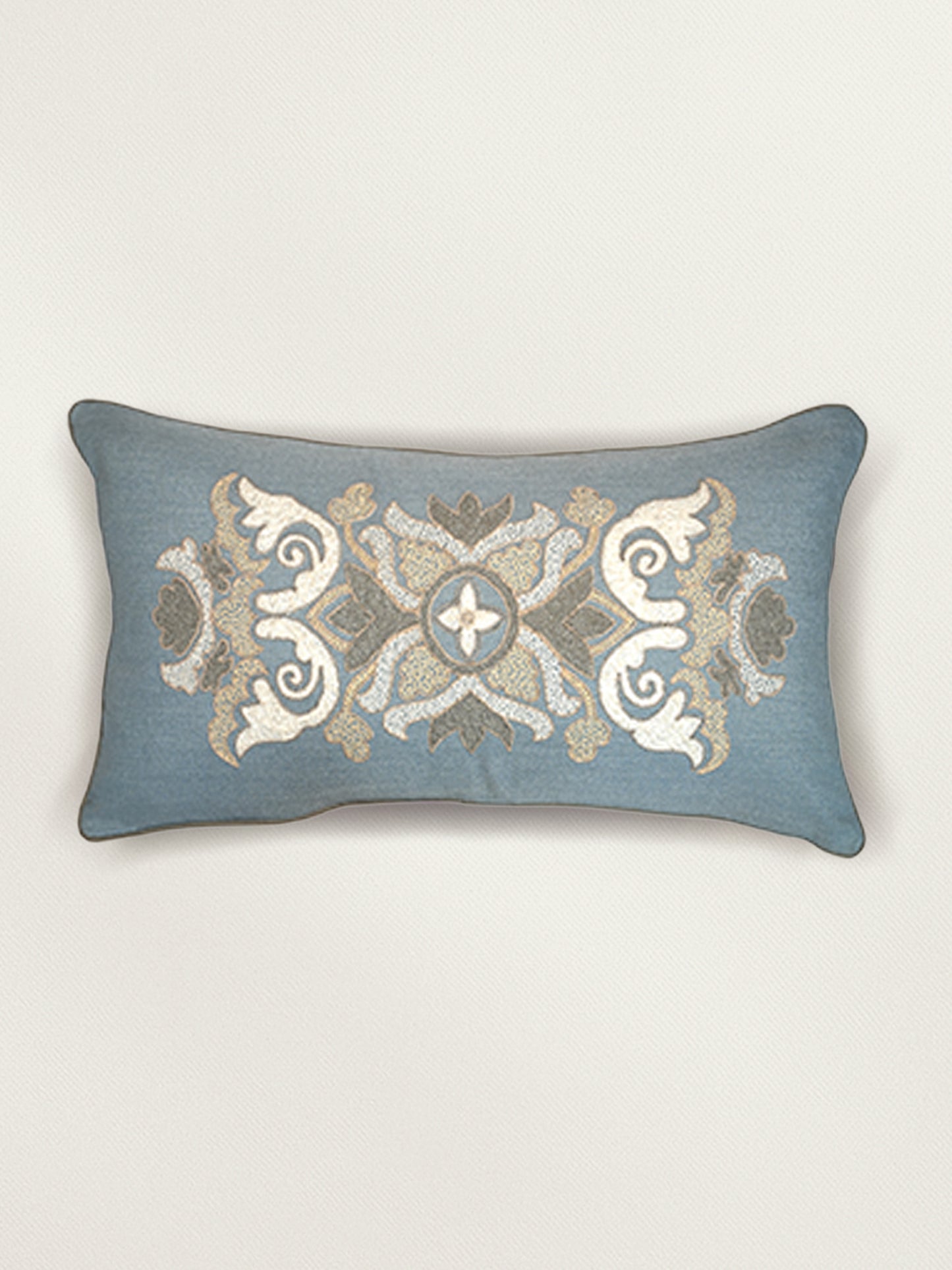 Polyester Blend Blue Cushion Cover- Applique & Machine Embroidered with Cord Piping  12x22 inches, Set of 1