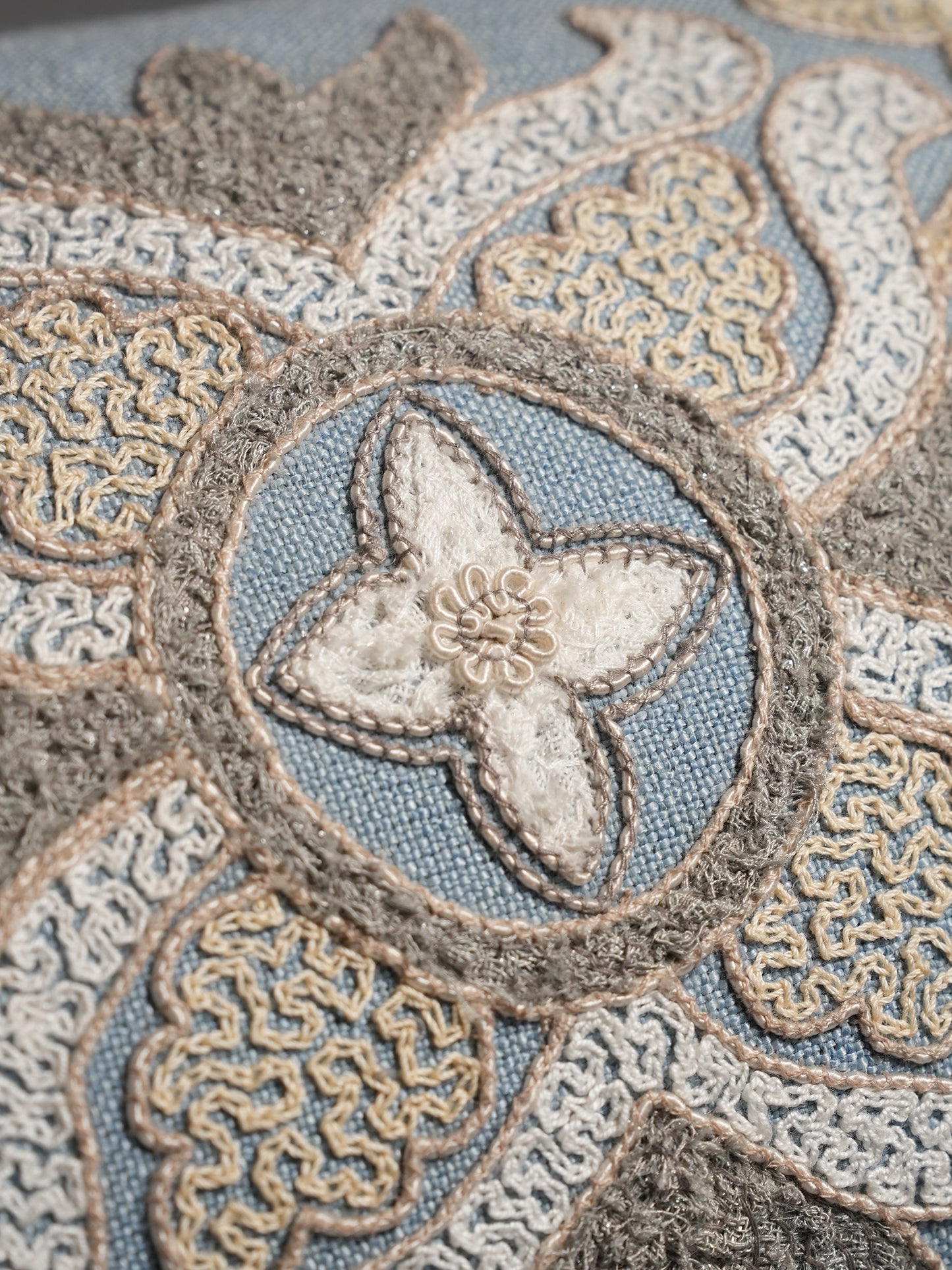 Polyester Blend Blue Cushion Cover- Applique & Machine Embroidered with Cord Piping  12x22 inches, Set of 1