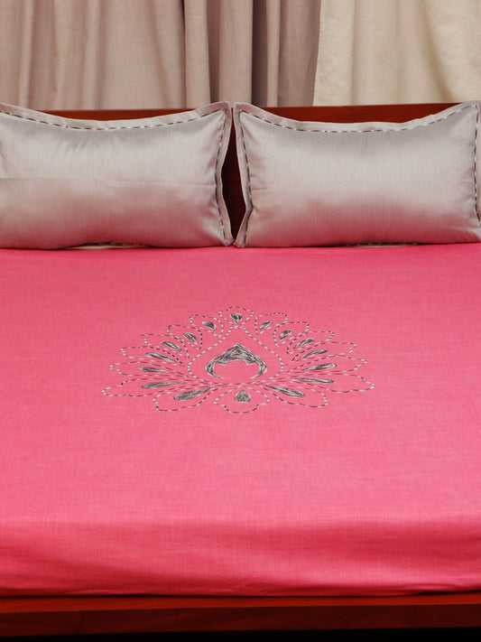 Pink colored embroidered bed cover with 2 matching pillow covers made from cotton blend for queen size double bed 90x108 inch