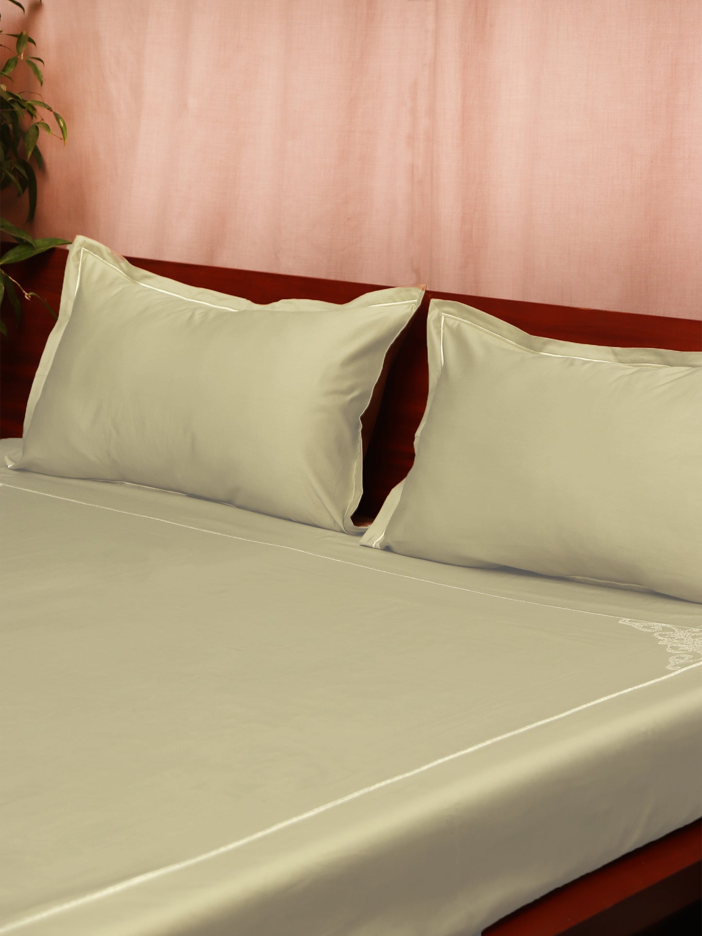 Bed Sheet King Size Aari Embroidery Cotton Green - 108" x 108", 17" x 27"