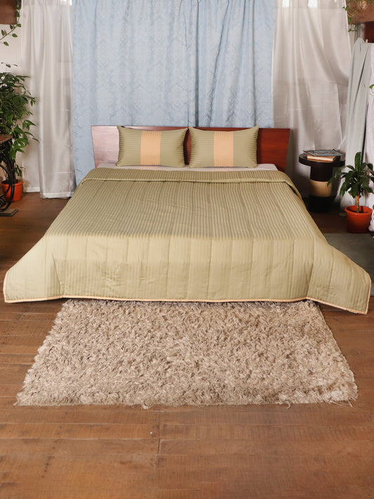 Sage Green colored Striped bed quilt /comforter with 2 matching pillow covers made from polyester front and cotton backed quilt for king size double bed