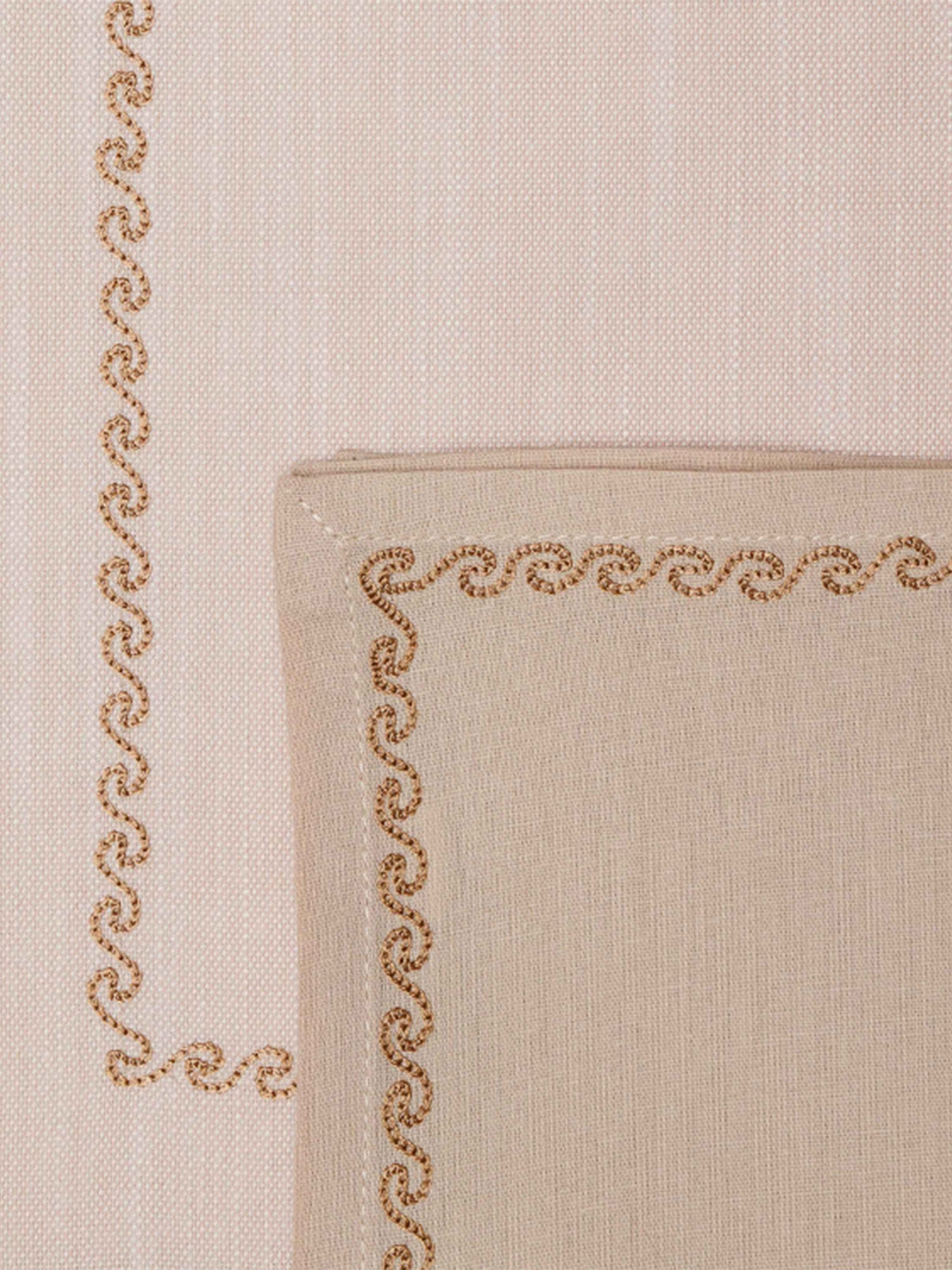 closeup of wavy pattern embroidered dinner table placemats and matching embroidered napkins in offwhite  - 13x19 inch 