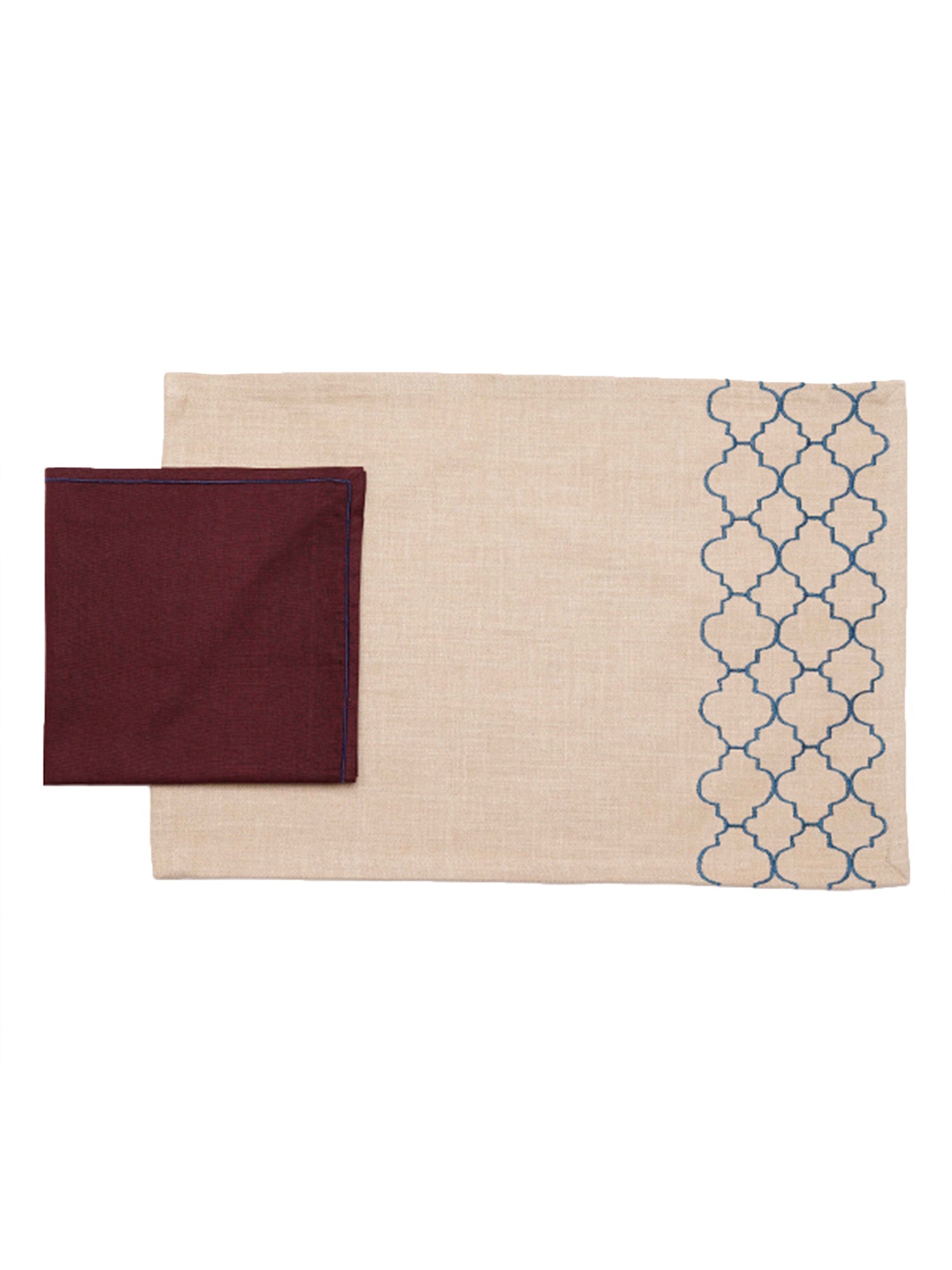embroidered dinner table placemats and embroidered napkins in beige and dark brown color - 13x19 inch 