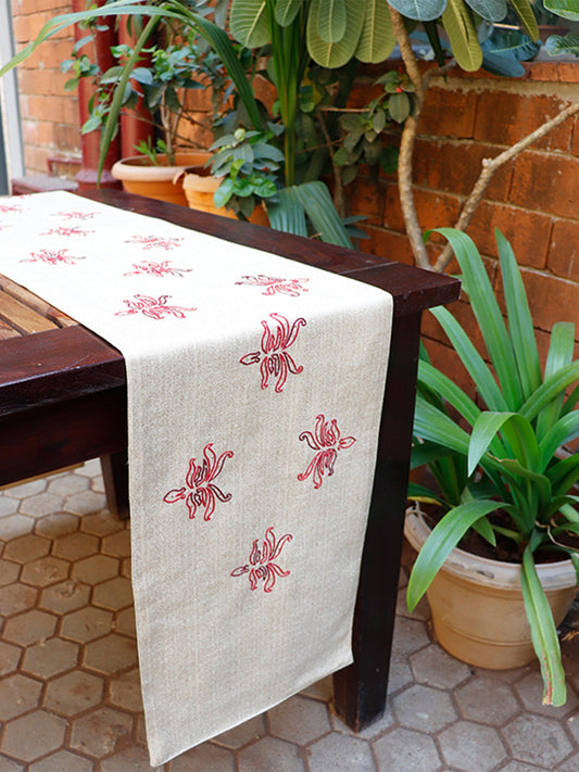 hand embroidered white table runner with floral pattern for 6 seater table - 12x84 inches