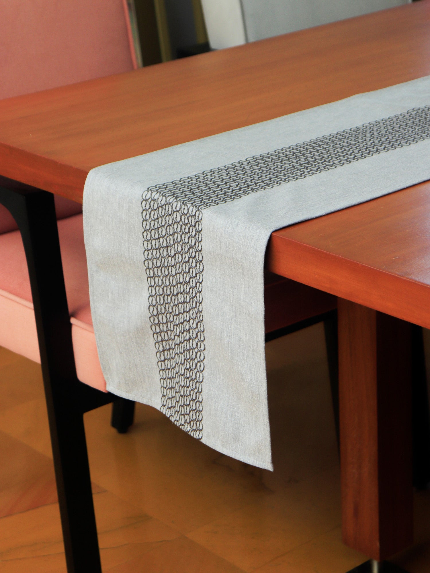 gray colored embroidered table runner for 6 seater table - 52x84 inches.