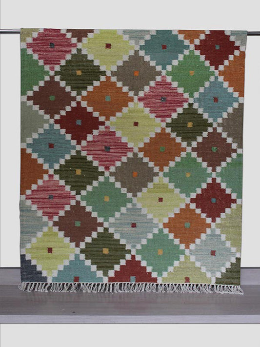 Dhurrie Handwoven Green Yellow Rust