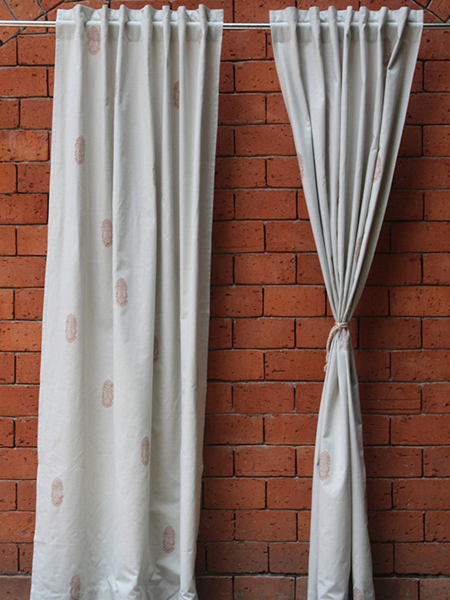 Door Curtain Cotton Blend Beautiful Gemotric Paisley Light Grey And Bronze Khadi - 52" X 90"