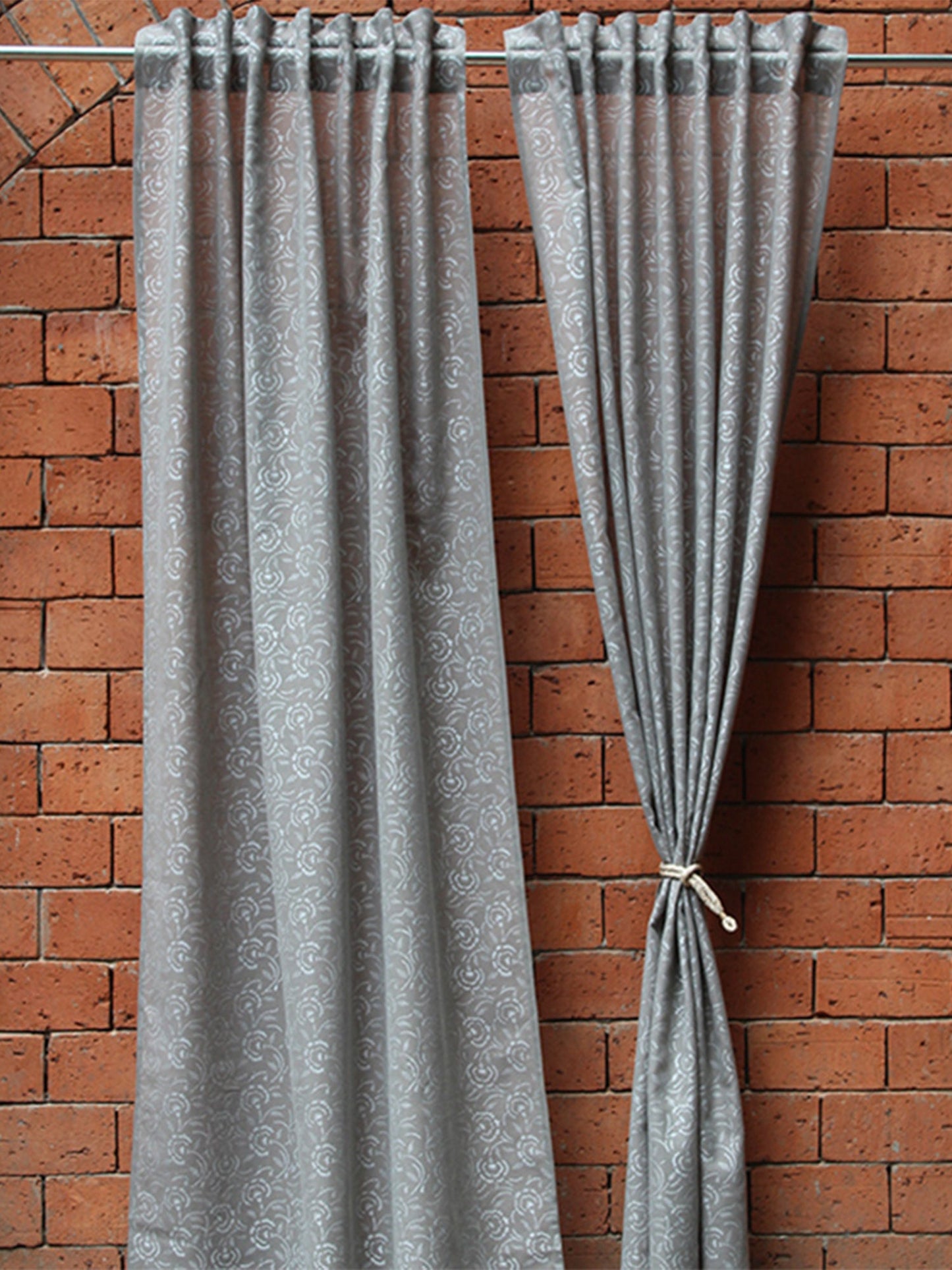 Door Curtain Cotton Blend Beautiful Gemotric Paisley Light Grey And Bronze Khadi - 52" X 90"