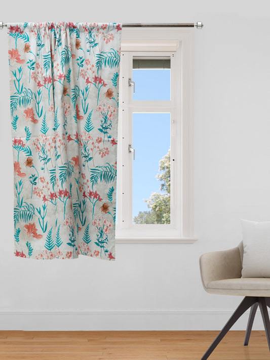 Window Curtain Cotton Blend Floral Offwhite with Peach and Teal - 50" X 60"