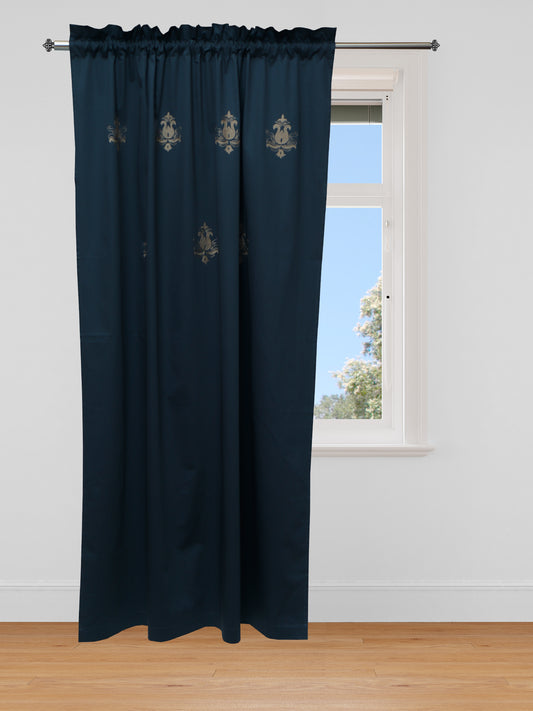 Door Curtain Motiff Embroidered Rod Pocket Blue - 52" X 84"