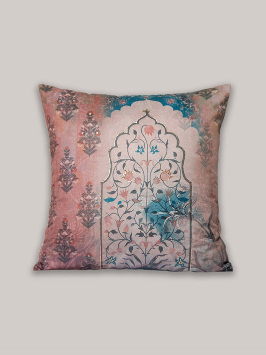 Embroidered Cushion Cover Velvet Digital Print  Dusky Rust - 16" X 16"