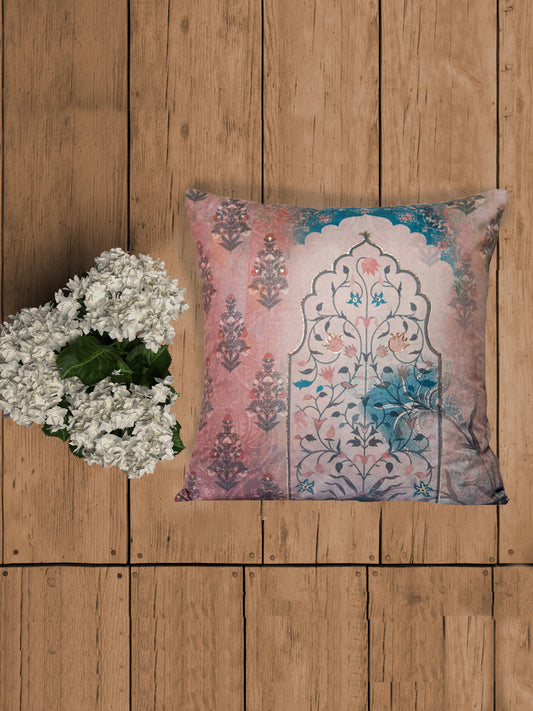 Embroidered Cushion Cover Velvet Digital Print  Dusky Rust - 16" X 16"