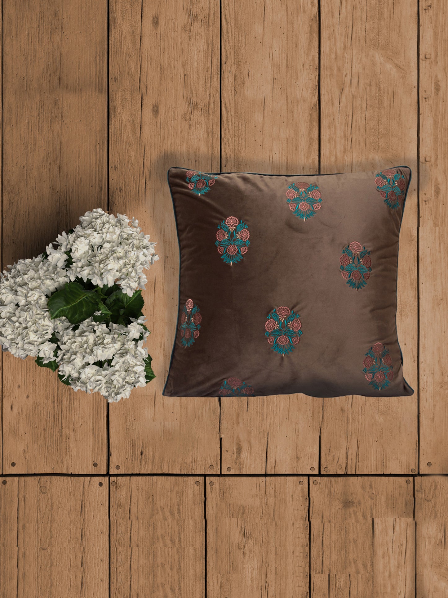 Embroidered Cushion Cover Velvet Cord Piping Off White/Green - 20" X 20"