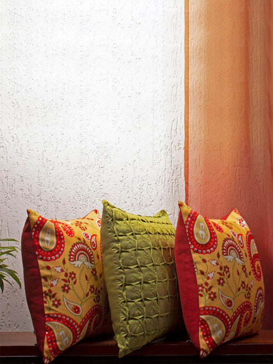 Cushion Cover Set of 3 100% Polyester Yellow And Green - "16 X 16"