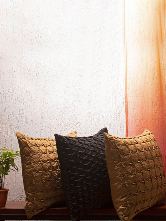 Cushion Covers Set Of 3 Polyster Box Pleated Black And Yellow  - 16"X16"