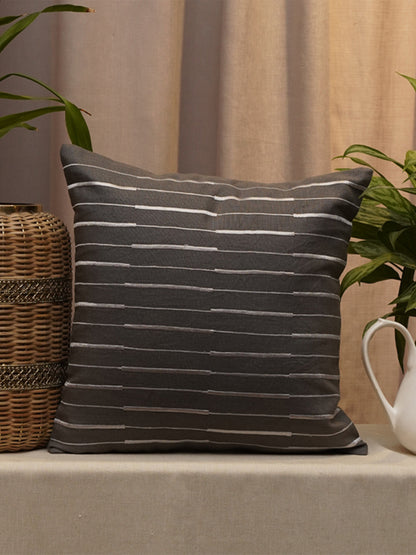 Embroidered Cushion Cover Cotton Blend Striped Light Grey - 16" X 16"