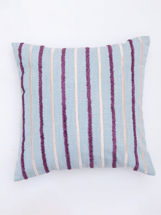 Embroidered Cushion Cover Cotton Blend Striped Light Blue - 16"X16"