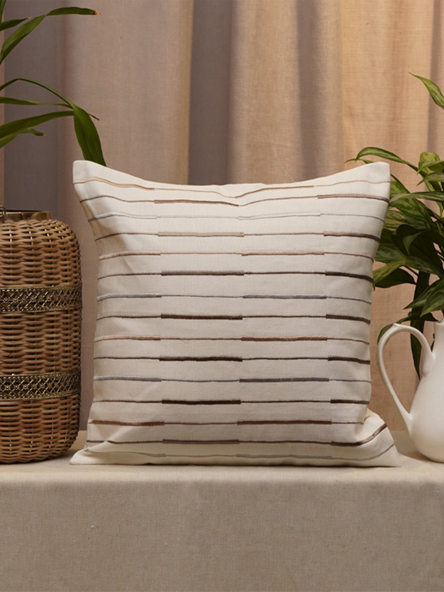 Embroidered Cushion Cover Cotton Blend Striped Light Grey - 16" X 16"