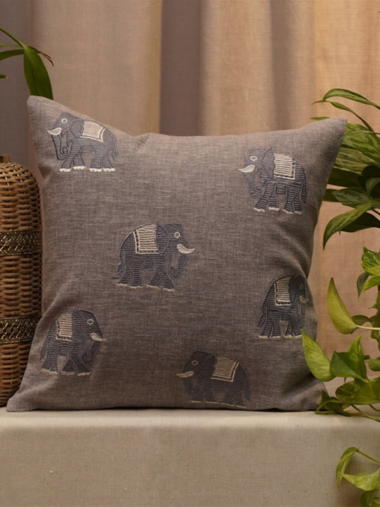Embroidered Cushion Cover Cotton Blend Grey - 16" X 16"