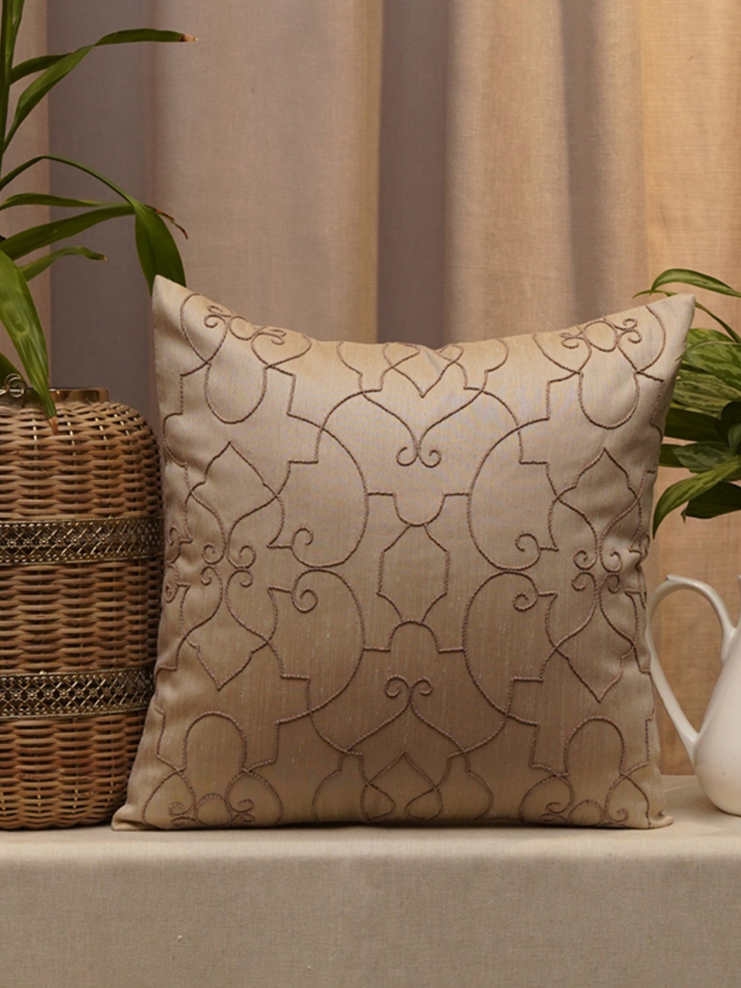 Embroidered Cushion Cover Beige Peach - 16" X 16"