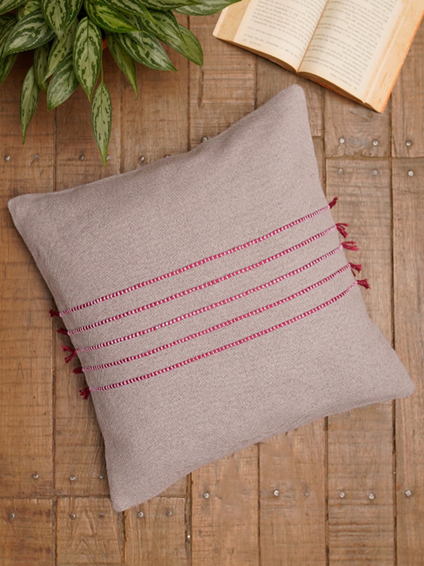 Embroidered Cushion Cover Cotton Blend   Grey - 16" X 16"
