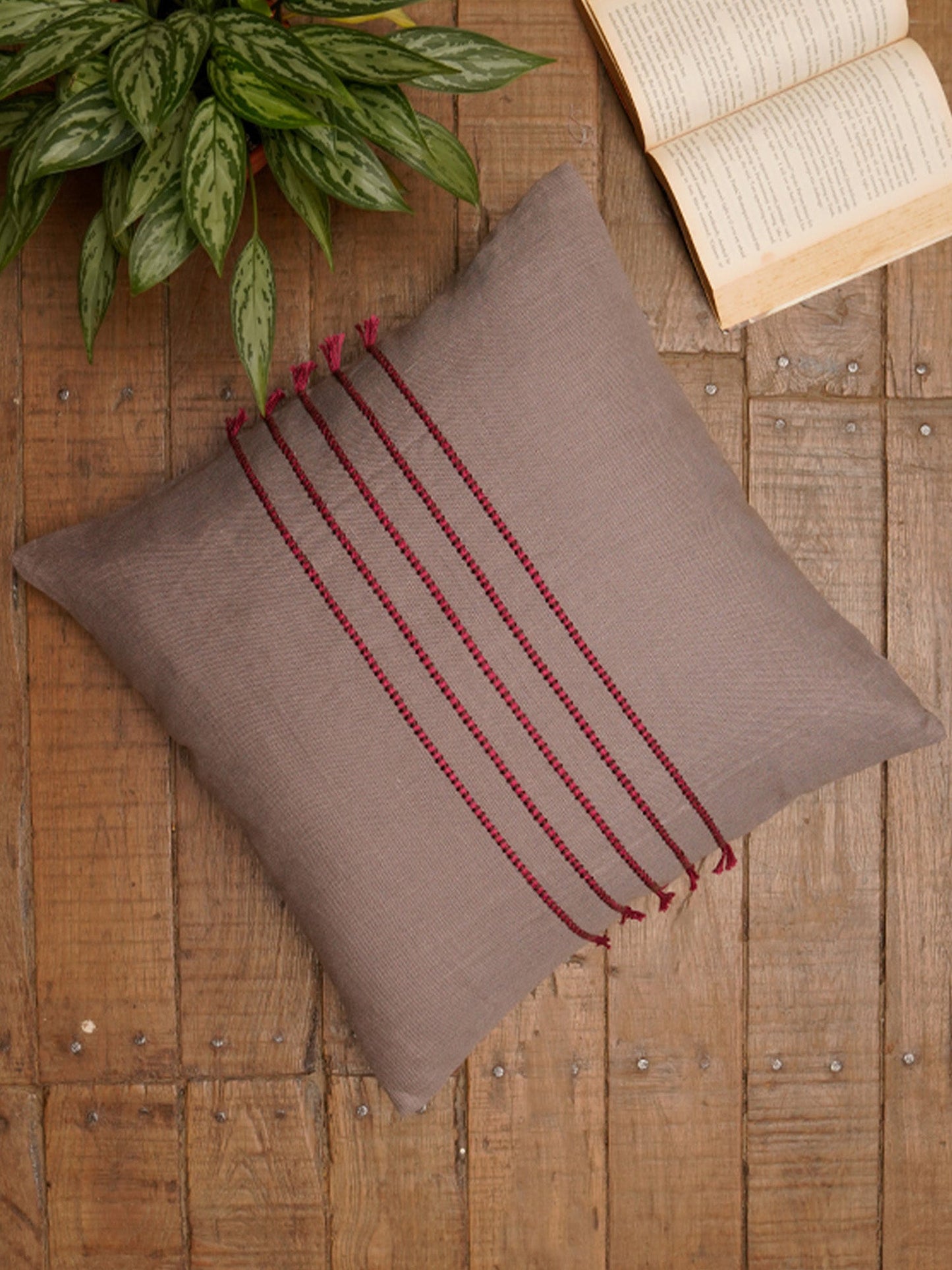 Embroidered Cushion Cover Cotton Blend Brown- 16"x16"