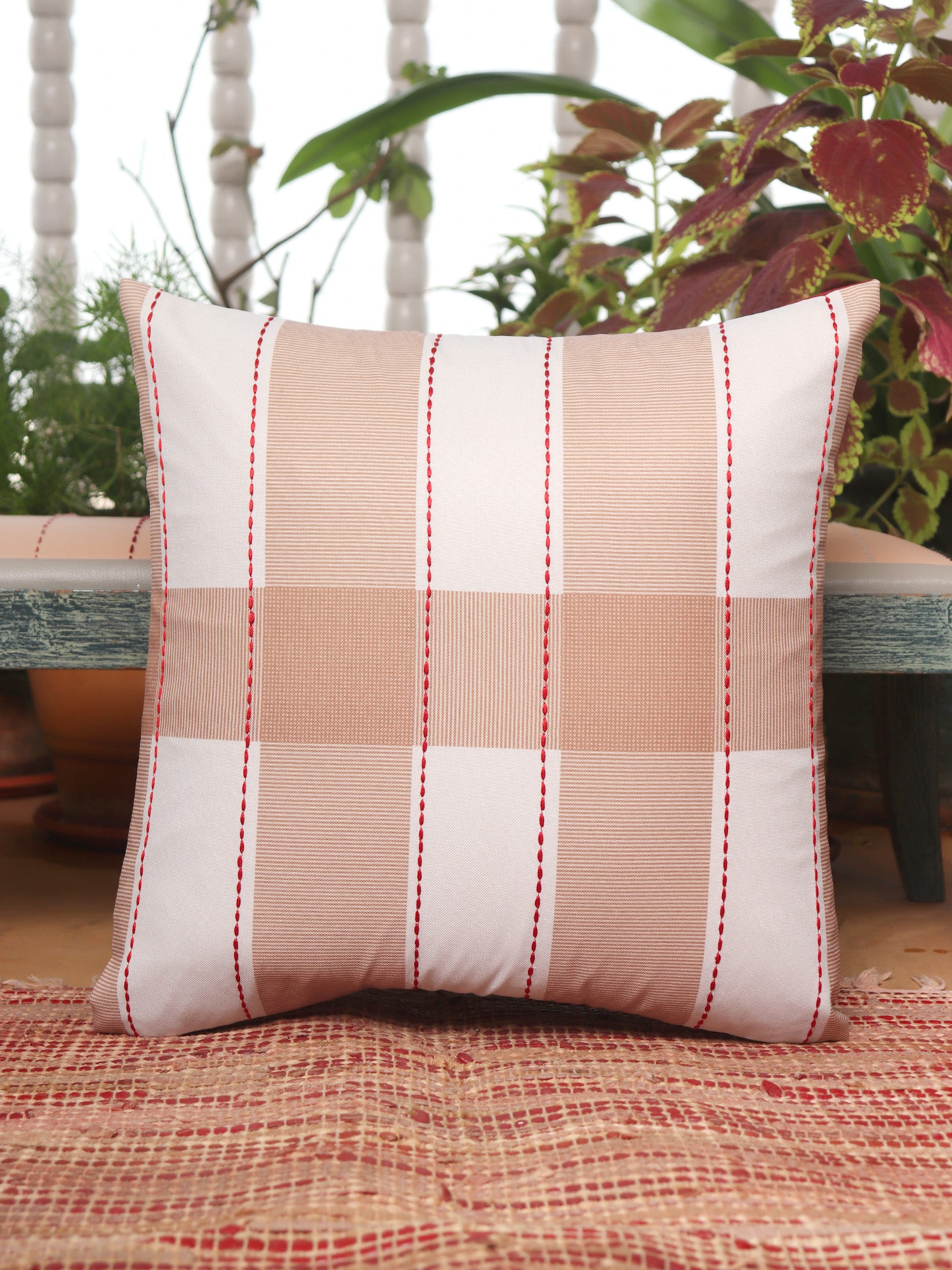 Plaid Checks Cushion Cover with Chawal Taka Poly Canvas Beige/Red - 16" x 16"