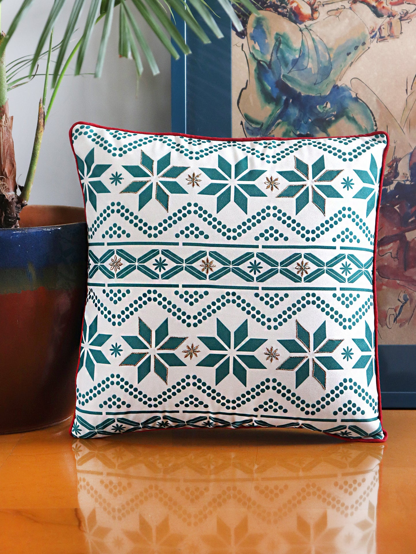 Printed Cushion Cover with Cord Piping and Antique Golden Zari Cotton Polyester Green - 16in x 16in