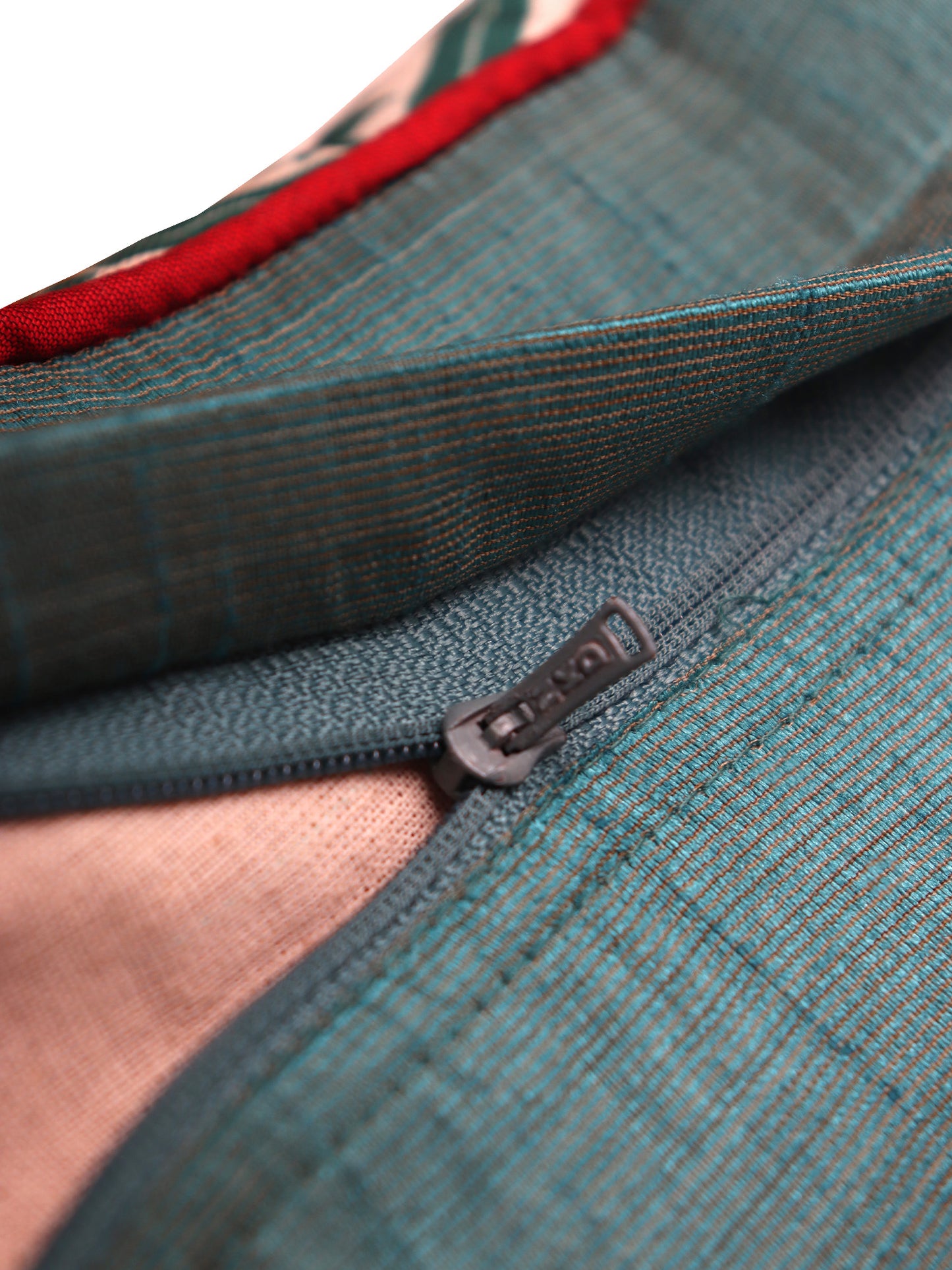 Printed Cushion Cover with Cord Piping and Antique Golden Zari Cotton Polyester Green - 16in x 16in