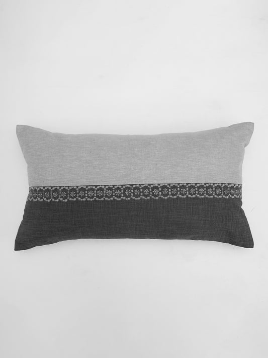 Cushion Cover Cotton Blend Patchwork with Embroidery Grey - 12" X 22"