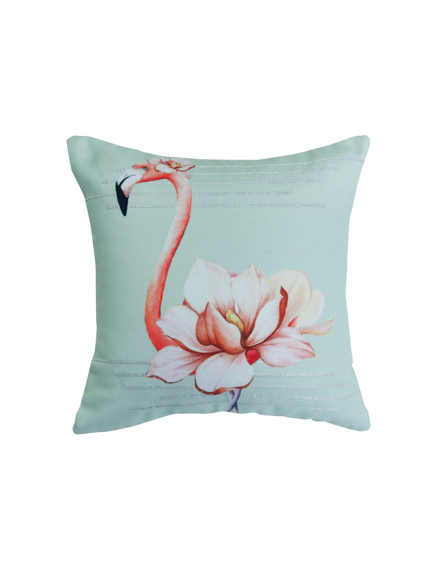 Embroidered Cushion Cover Flamingo with Digital print Green/Pink - 12" X 12"