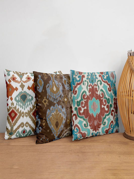 Cushion Covers Set Of 3 Polycanvas Printed Watercolor Ikat 2 Multi- 16" X 16"