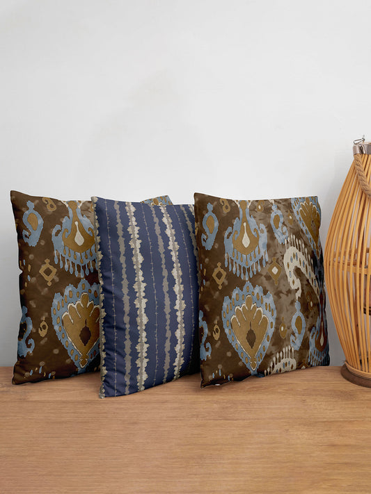 Cushion Covers Set Of 3 Polycanvas Printed Earthy tone modern Ikat Mult - 16" X 16"