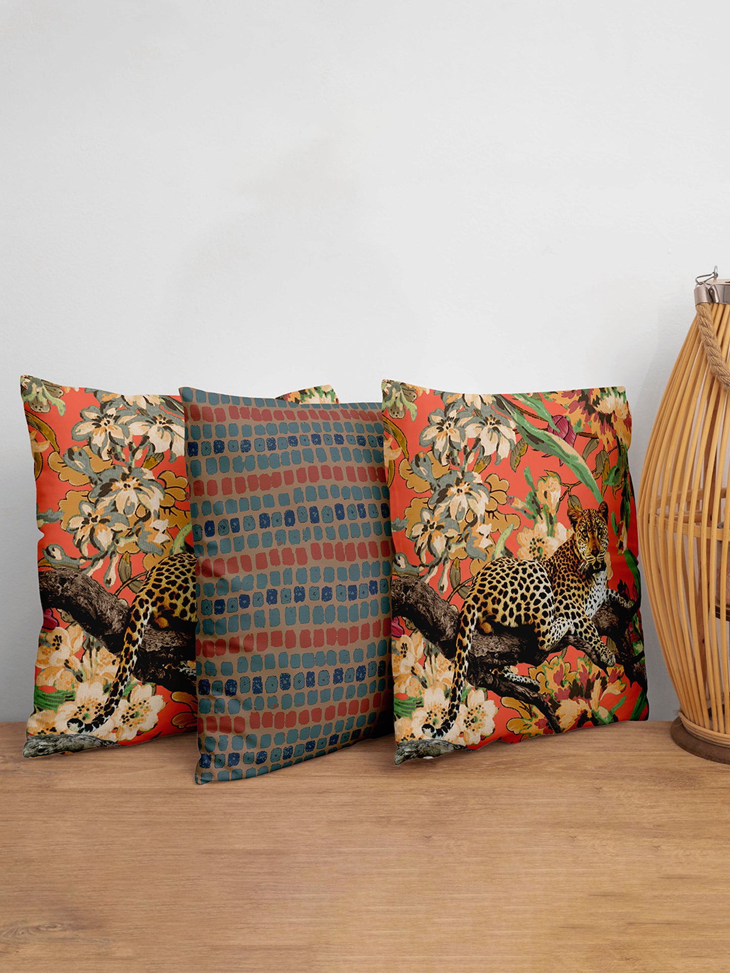 Cushion Covers Set Of 3 Polycanvas Printed Tribal Forest Multi- 16" X 16"