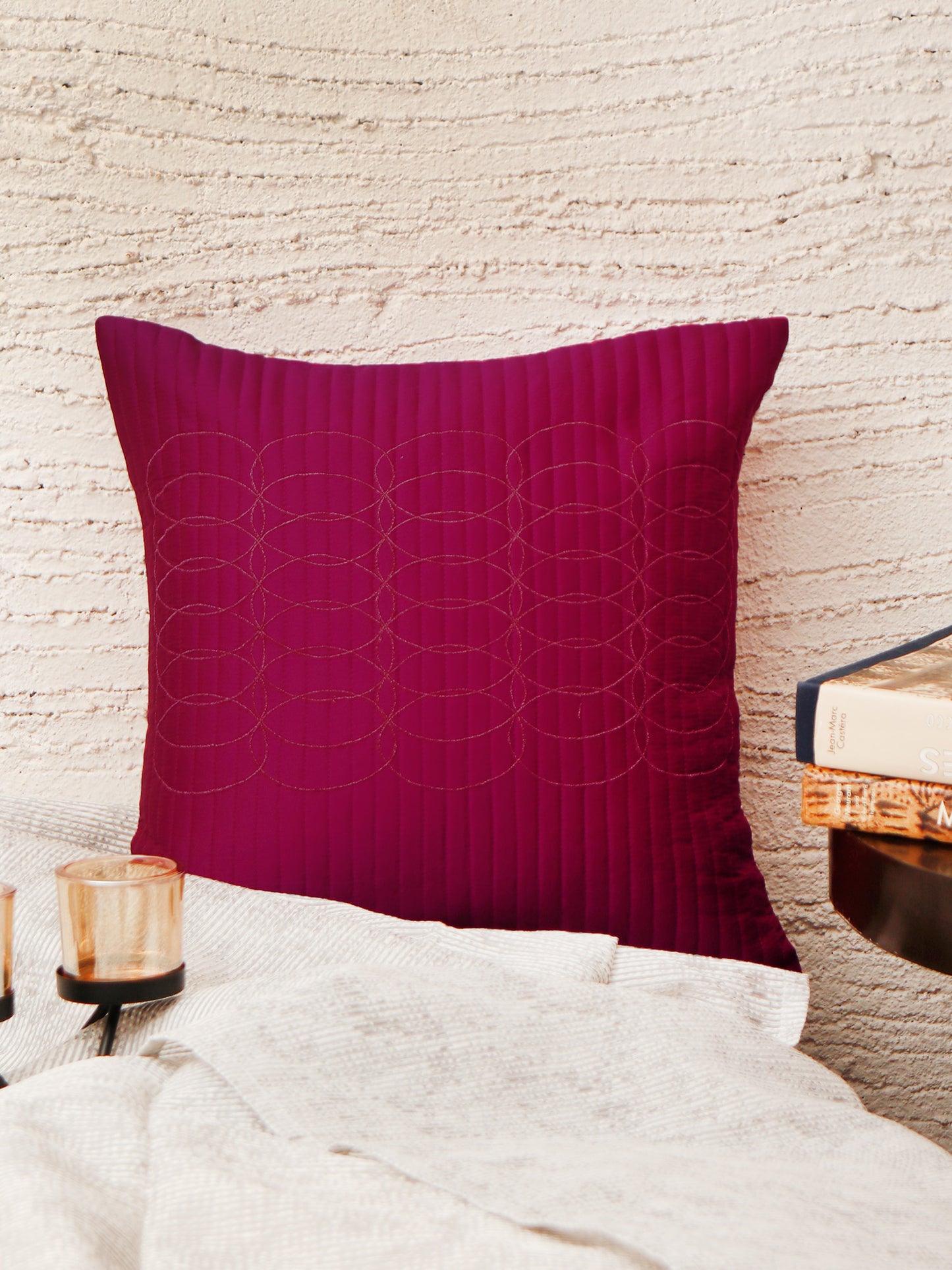 Cushion Cover Polyester Zari Embroidery with Self Quilting Purple - 16"x16"