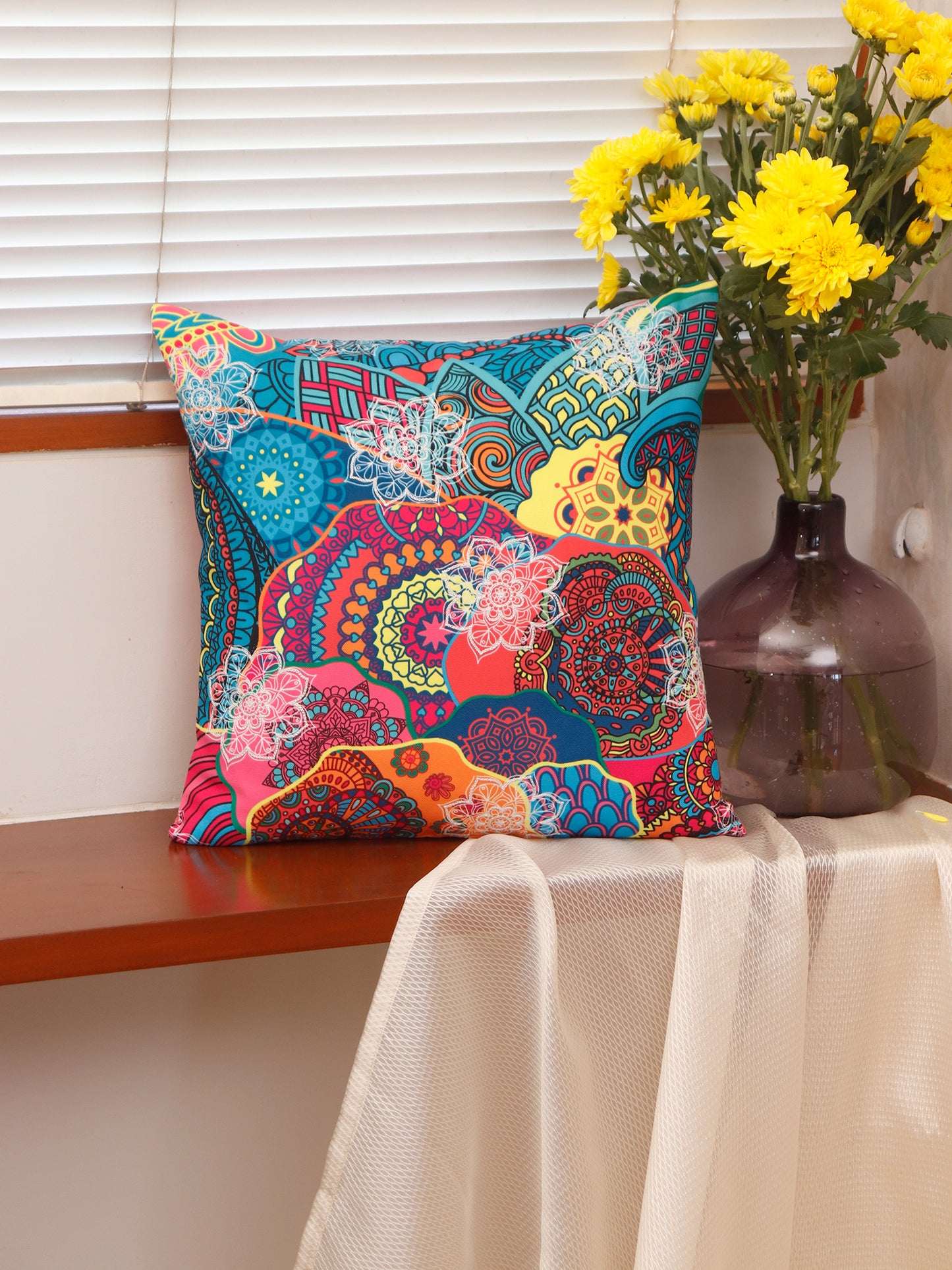 Cushion Cover Embroidery with Digital Print Abstract Bohemian Multi - 16" x 16"